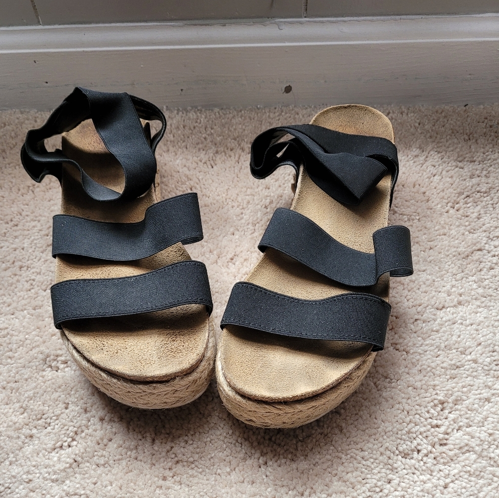 Black ankle strap platform sandals 8 1/2 espadrilles jute accent